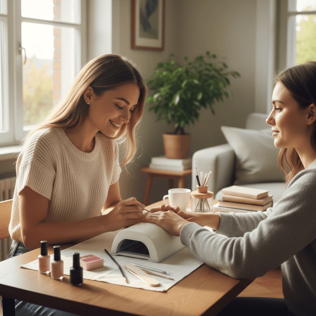 Nail technician providing manicure service at client's home