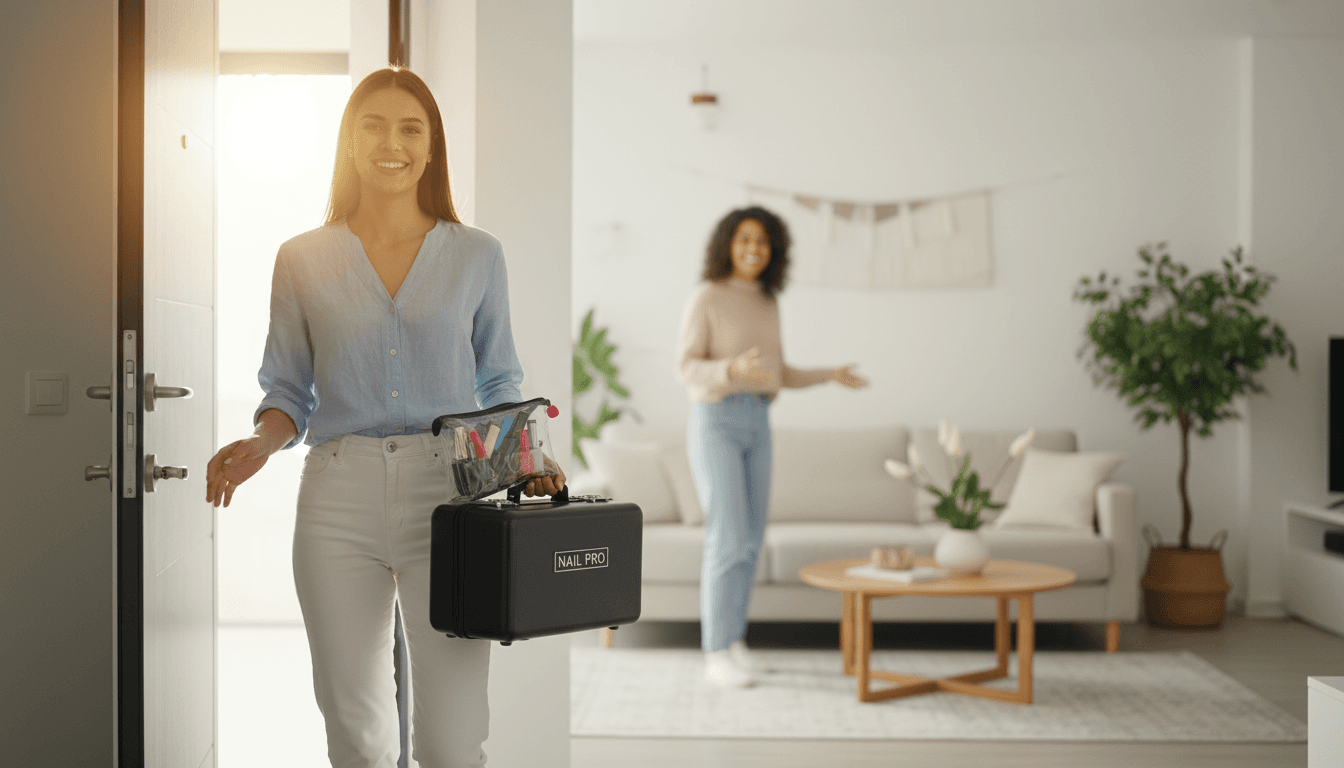Mobile nail technician arriving at client's home with professional supplies
