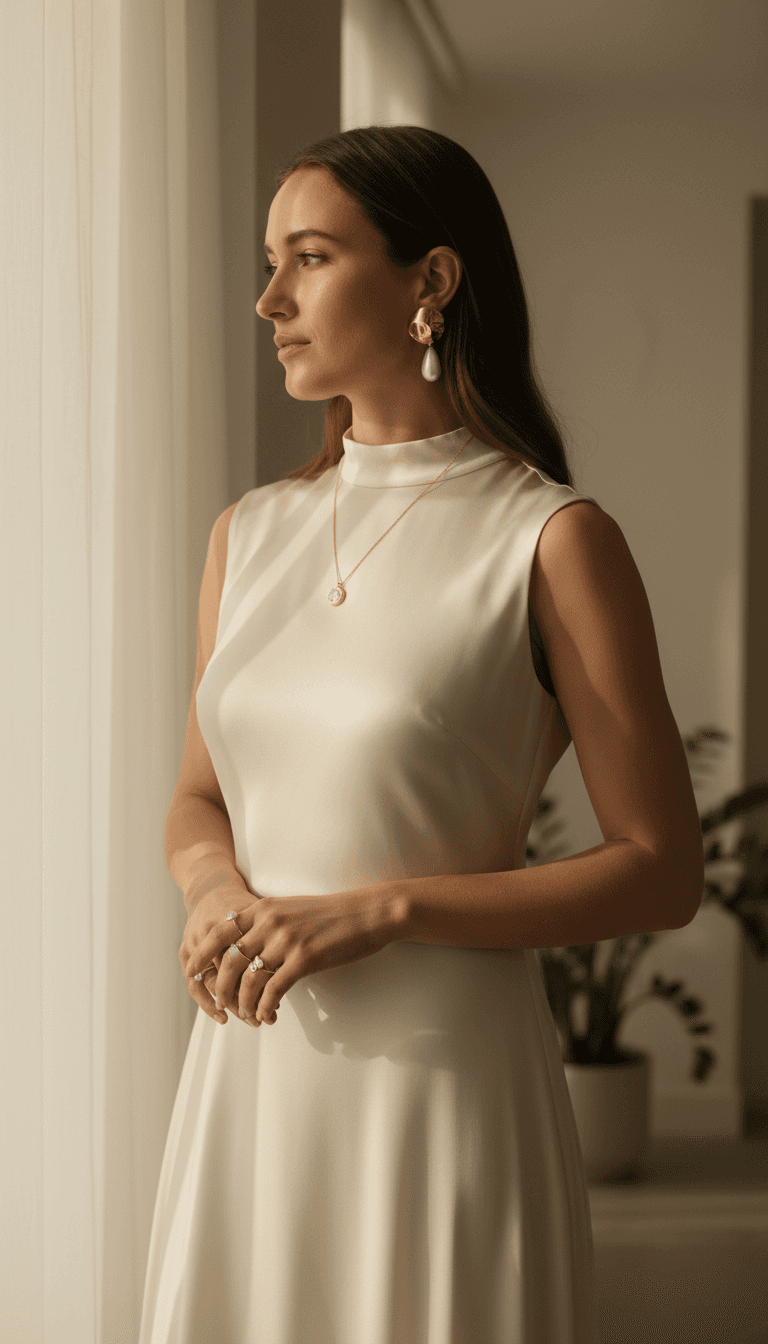 Woman standing by window wearing delicate statement earrings, necklace, and rings with natural soft side lighting